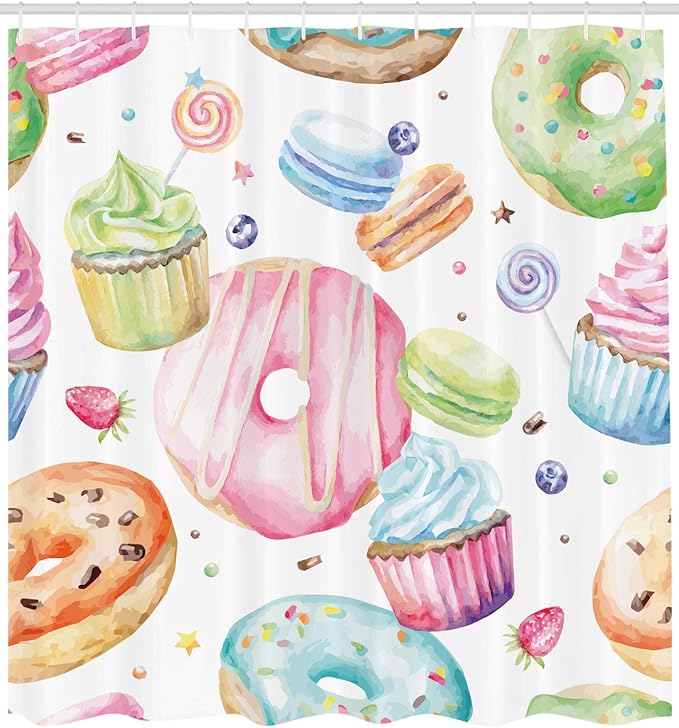 Ambesonne Sweets Shower Curtain, Delicious Macaron Cupcakes Donuts Muffins Sugar Tasty Yummy Watercolor Design Print, Cloth Fabric Bathroom Decor Set with Hooks, 69" W x 70" L, Green Pink