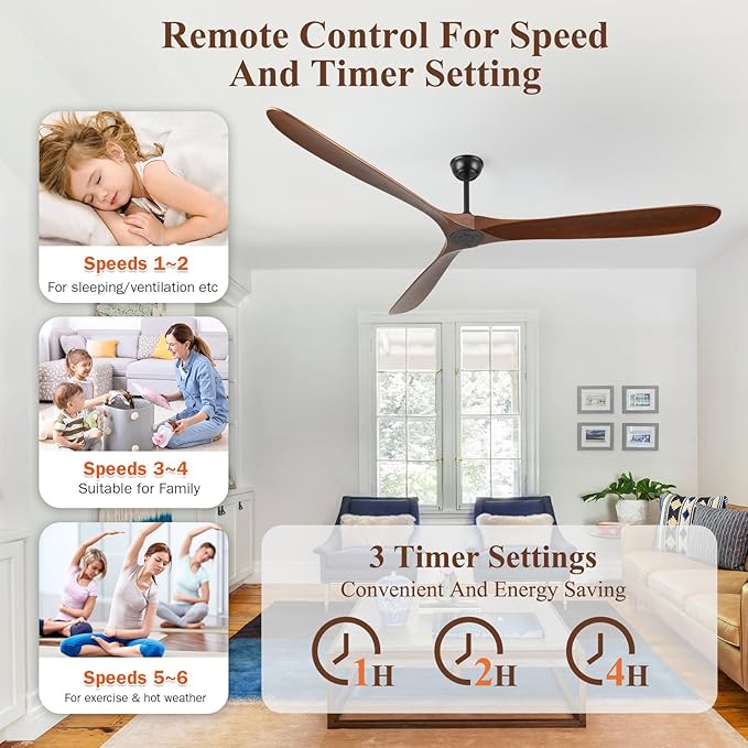 88" Ceiling Fan, Extra Large No Lights, 3 Wood Walnut Blades, DC Motor, Reversible Propeller Outdoor Ceiling Fan for Patios, Exterior House Porch, Farmhouse Gazebo with Remote Control