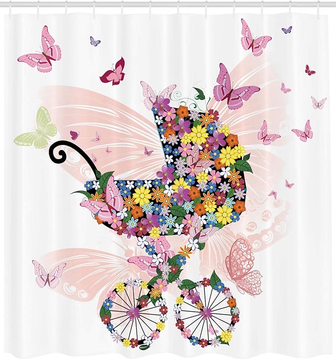 Ambesonne Butterflies Shower Curtain, Stroller of Flowers and Butterflies Carriage Cart Celebration Shower Theme, Cloth Fabric Bathroom Decor Set with Hooks, 69" W x 70" L, Multicolor