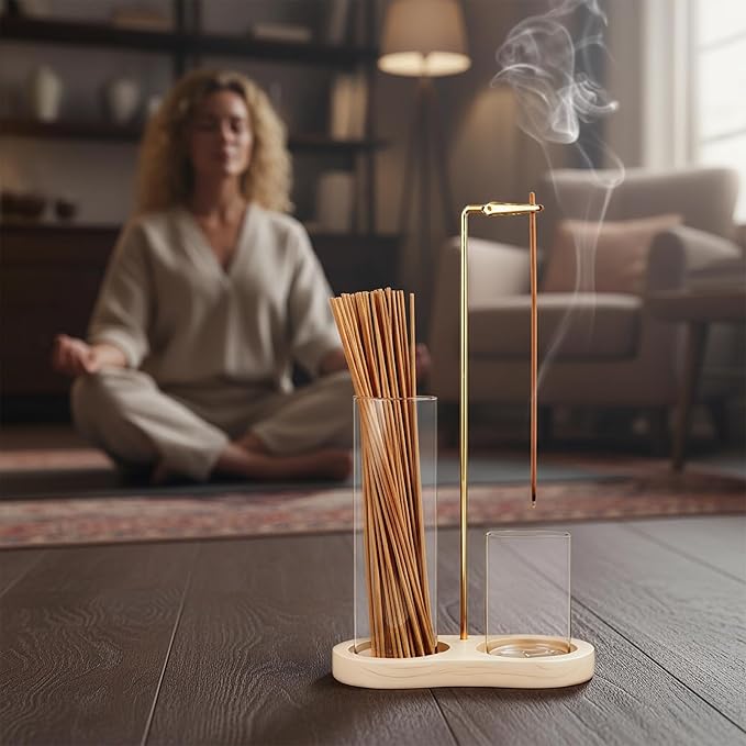 2-in-1 Incense Stick Holder with Glass Ash Catcher, Dual Glass Cups & Metal Clip, Minimalist 8-Shaped Wooden Base, Home Decor Gift (Dark Base)