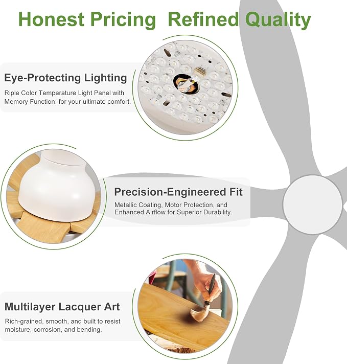 42-Inch Ceiling Fan with Lights, Remote Control, Flush Mount, Dimmable, Reversible, Wood Blades, Power-Off Memory, Quiet DC Motor – Modern Hugger Ceiling Fan for Living Room, Bedroom, Patio