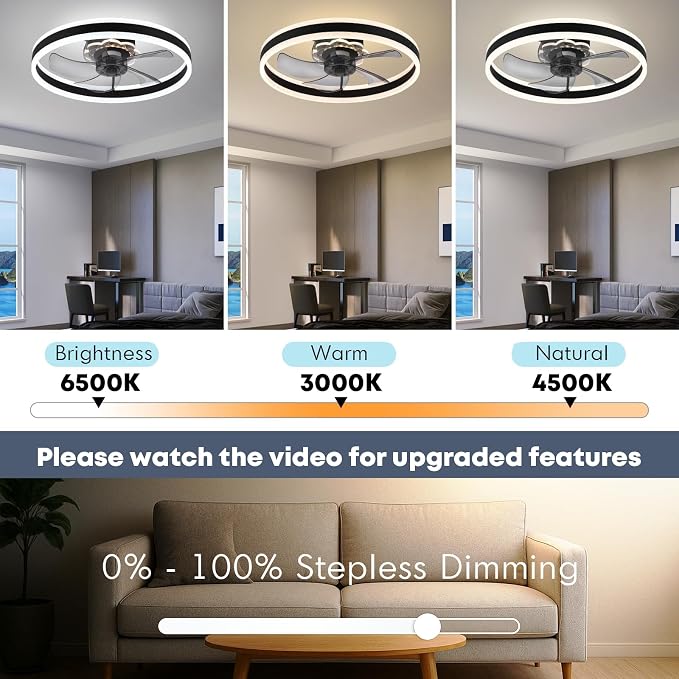 FSZDORJ 20'' Ceiling Fan with Light and Remote, Low Profile Ceiling Fan with Light, Dimmable Flush Mount Ceiling Fan Light, 6 Speeds Fan, App&Remote Control, Fandelier Quiet Fan for Bedroom F105 Black
