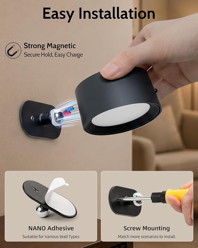 LED Wall Mounted Lights, Rechargeable Wall Sconces, 3 Color Temps, Remote & Touch, 360° Rotating and Dimmable for Bedroom, Bedside & Reading (Black, 2 Pack)