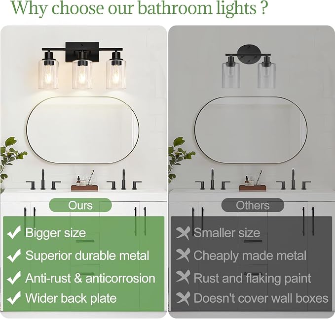 Indoi 3-Light Bathroom Light Fixtures, Matte Black Modern Vanity Lights with Clear Glass Shades, Bathroom Wall Lamp for Mirror Living Room Cabinet Bedroom Porch