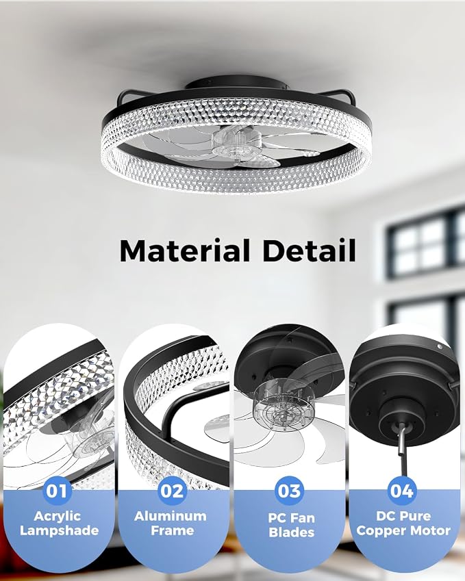 AIKVSXER Ceiling Fan with Lights and Remote, 20in Modern Ceiling Fans | 3000K-6500K Smart Ceiling Fans with Lights, Low Profile Flush Mount Ceiling Fan with Light, Quiet Ceiling Fan for Bedroom