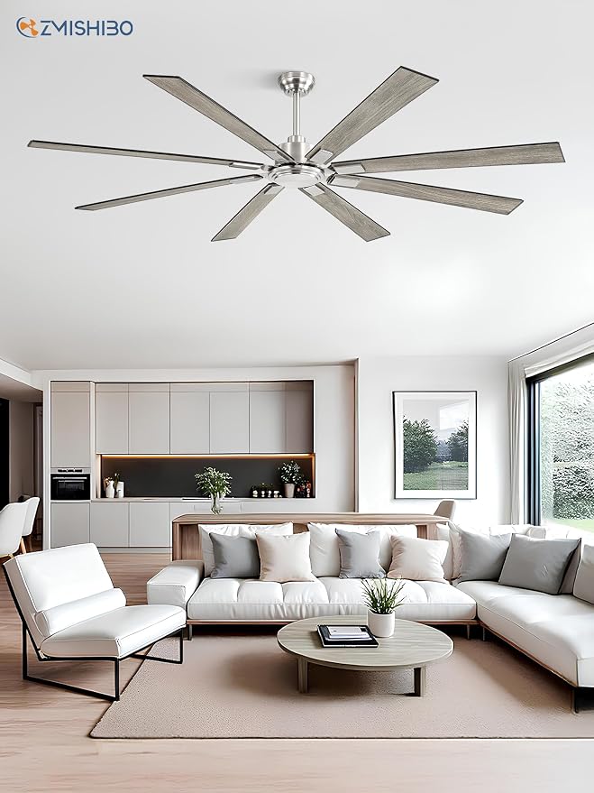 ZMISHIBO 80 Inch Ceiling Fan No Light with Remote Control, 8 Blades Quiet DC Reversible Motor, 6-Speed, Timer, Brushed Nickel Finish, Indoor Outdoor Ceiling Fans for Patios, Living Room, Garage