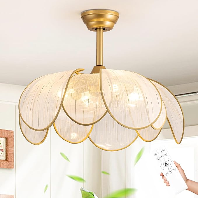 26" Flower Ceiling Fans with Lights and Remote Control,Boho Gold Chandelier Fan with 6 Speeds, Modern Fandelier for Kitchen Island,Dining Room,Living Room,Nursery