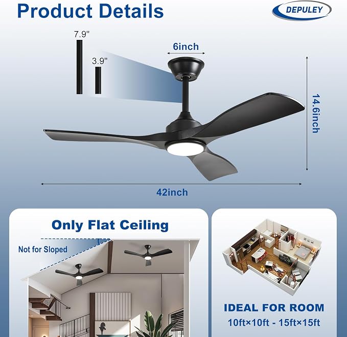 Depuley 42-Inch Ceiling Fan with Light: Black 3 Blade Outdoor Fans for Patios - Dimmable Ceiling Fan with Remote Control Fandelier Quiet DC Motor Reversible 6 Speed Timer