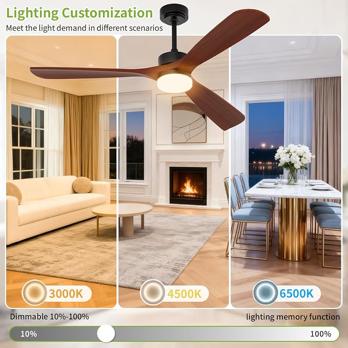 60 Inch Ceiling Fans with Lights and Remote Control, Walnut Ceiling Fan with Light for Bedroom, Living Room, Covered Outdoor, 6 Speeds Reversible Noiseless DC Motor, 3CCT, Dimmable LED Light