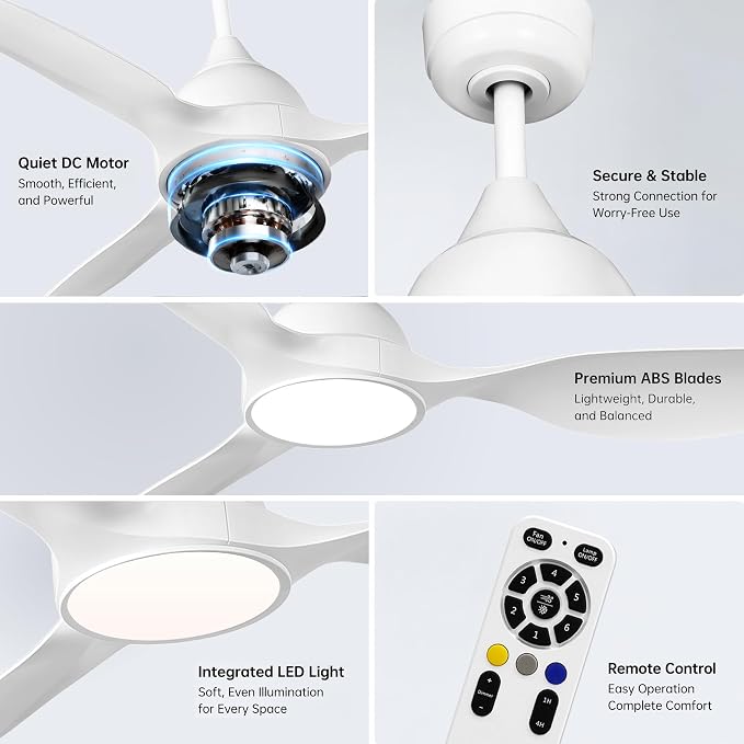 reiga 52 inch Ceiling Fans with Remote Control and Led Lights, Modern Quiet Reversible DC Motor Fan, 3 Blade High Flow for Living Room Bedroom, White