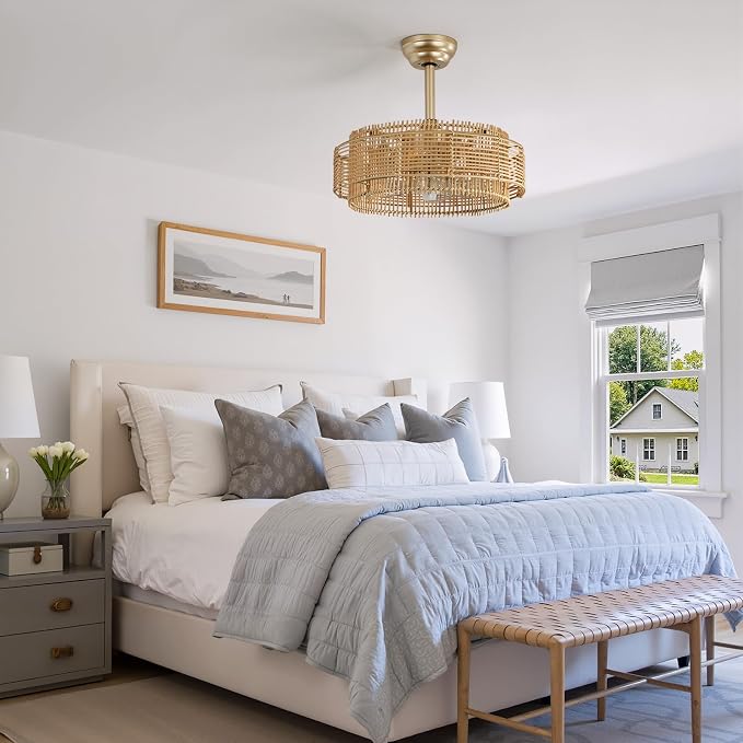 Rattan Boho Ceiling Fans Lights: 19.3'' Layered Ceiling Fans with Light and Remote Control, Farmhouse Semi Flush Mount Fandelier with Reversible 6 Speeds for Bedroom, Nursery, Living Room, E26 Base