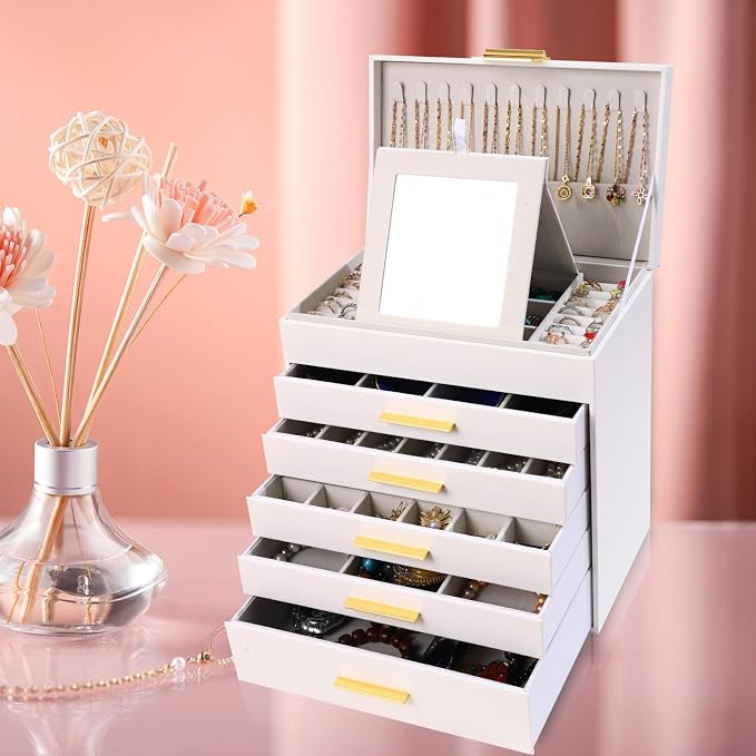 BOOVO Jewelry Boxes for Women, White and Black 6 Layer Large Jewelry Box for Necklace, Bracelet, Earrings, Rings Storage, Jewelry holder Organizer for Girls Gift (White and Gold, 6 layer)