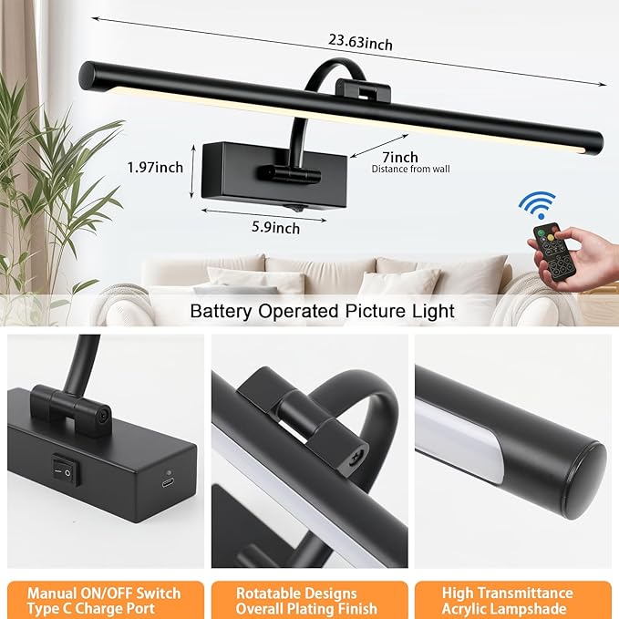 Tassuowell Picture Light Battery Operated with Remote, 3CCT Dimmable Picture Light for Paintings, Black Rechargeable 24 inch Battery Operated Wall Sconce for Art Lighting Gallery Portrait Artwork