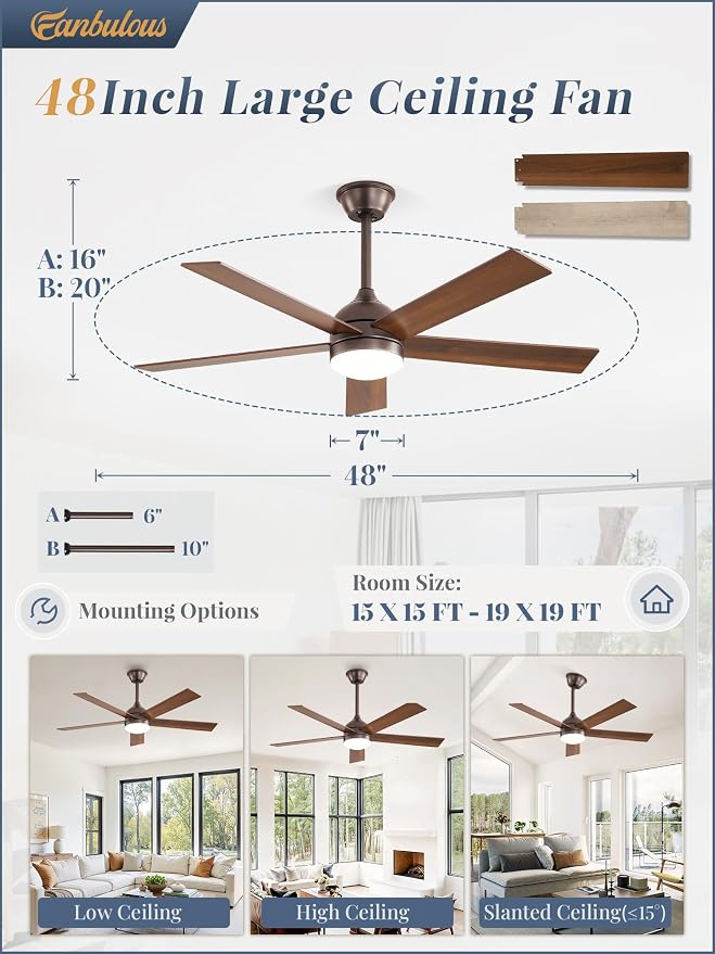 Fanbulous 48 Inch Ceiling Fan with Light and Remote, Brown Ceiling Fans with Light, 5 Dual-Color Blades, Reversible Quiet DC Motor, 6 Speeds, 3CCT Adjustable LED for Bedroom Living Room Kitchen Patio