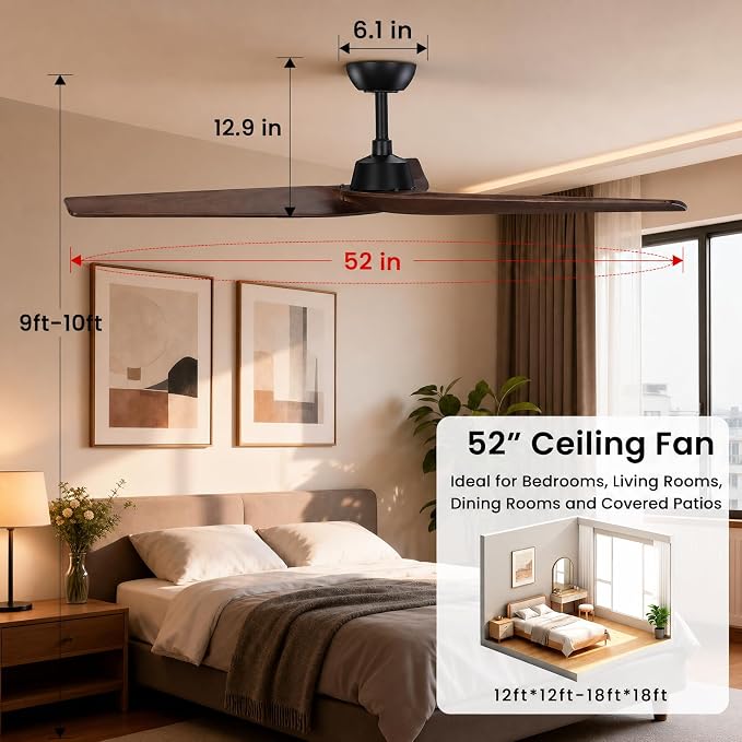Skylike 52in Modern Wood Ceiling Fan No Light with Remote for Bedroom-Dark | Real Wood Blades, Quiet DC Motor,Reversible,Beep-Off Function,6 Speeds,3 Timers,6" downrod,Indoor and Outdoor