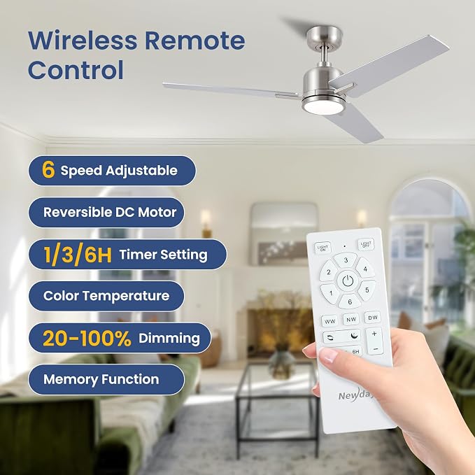 Newday 48 Inch Brushed Nickel Ceiling Fan with Light & Remote - Noiseless Reversible DC Motor, Dimmable 3CCT, 6-Speed with Timer, 3 Blades for Indoor/Covered Outdoor Use (ETL Listed)