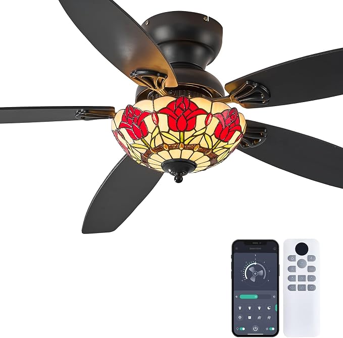Tiffany Ceiling Fans with Lights - 52" Ceiling Fan Chandelier with 5 Dual-Blades and Glass Shade, 6 Speeds and Reversible, Indoor and Outdoor, Retro Style