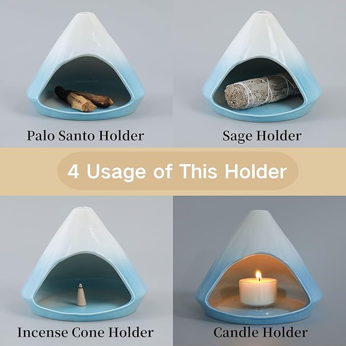 Chiminea Palo Santo Holder Sage Burner, Ceramic Incense Holder for Burning Sage Smudge Sticks and Palo Santo, Smudge Bowl for Yoga, Meditation, and Energy Cleansing (Blue)