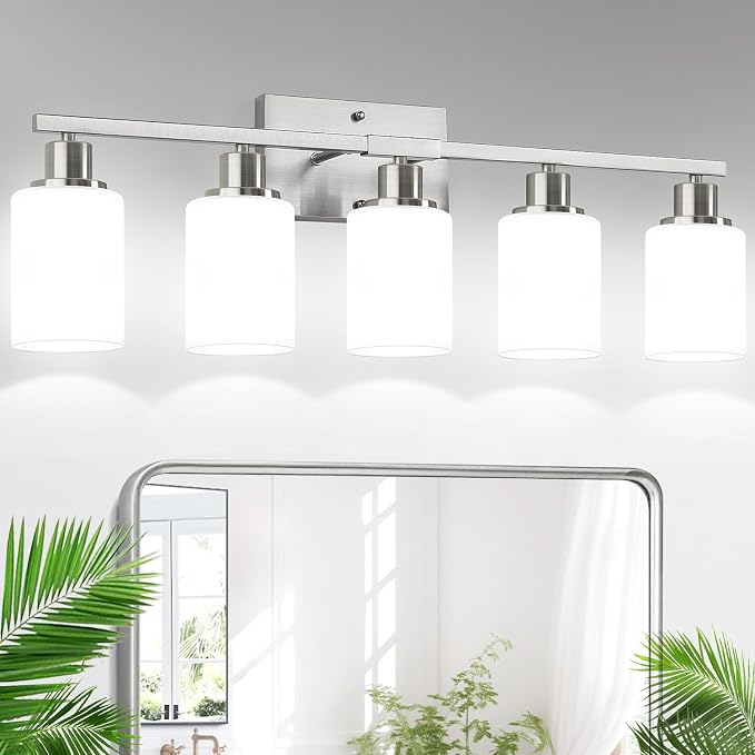 Indoi 5-Light Bathroom Light Fixtures, Brushed Nickel Modern Vanity Lights with Milky White Shades, Bathroom Wall Lamp for Mirror Living Room Cabinet Bedroom Porch