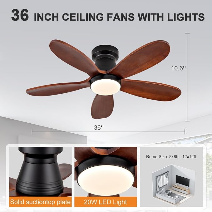 Ceiling Fans with Lights, 36 Inch Low Profile Ceiling Fan with Light and Remote Control, Flush Mount, Reversible, 3CCT, Dimmable, Quiet, Black Small Ceiling Fan for Bedroom Indoor/Outdoor Use