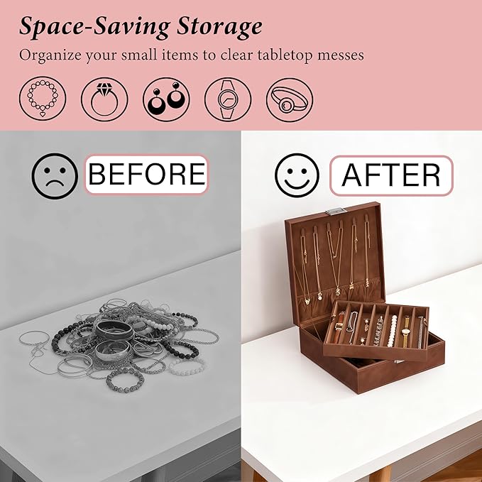 BEWISHOME Jewelry Boxes for Women, 2-Layer Necklace Organizer Box, Modern Style Jewelry Organizers and Storage with Removable Pad, Mothers Day (Brown SSH31Z)