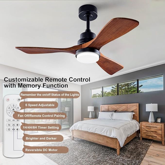 42 Inch Black Ceiling Fans with Lights and Remote,Dimmable LED Light,Quite Reversible DC Motor,Memory Function,Modern Solid Wood Indoor Outdoor Ceiling Fan with Light for Office Patios