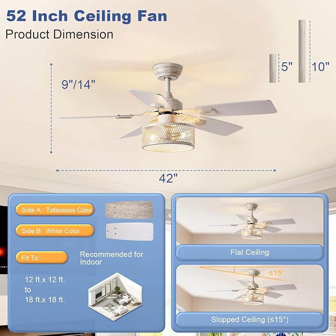 Depuley 42-Inch Ceiling Fans with Lights: Caged Ceiling Fans Dual Finish 5 Blades - Rustic Ceiling Fan with Remote Control for Farmhouse Living Room Outdoor Porch Noiseless (White Grey)