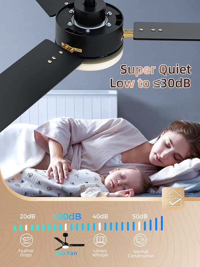 LANMEL 42 Inch Ceiling Fans with Lights, App&Remote Control, Low Profile Modern Ceiling Fan, 6 Speed, Reversible, 3000k-6500k Dimmable LED, Quiet DC Motor for Indoor Outdoor Use, Gold Black