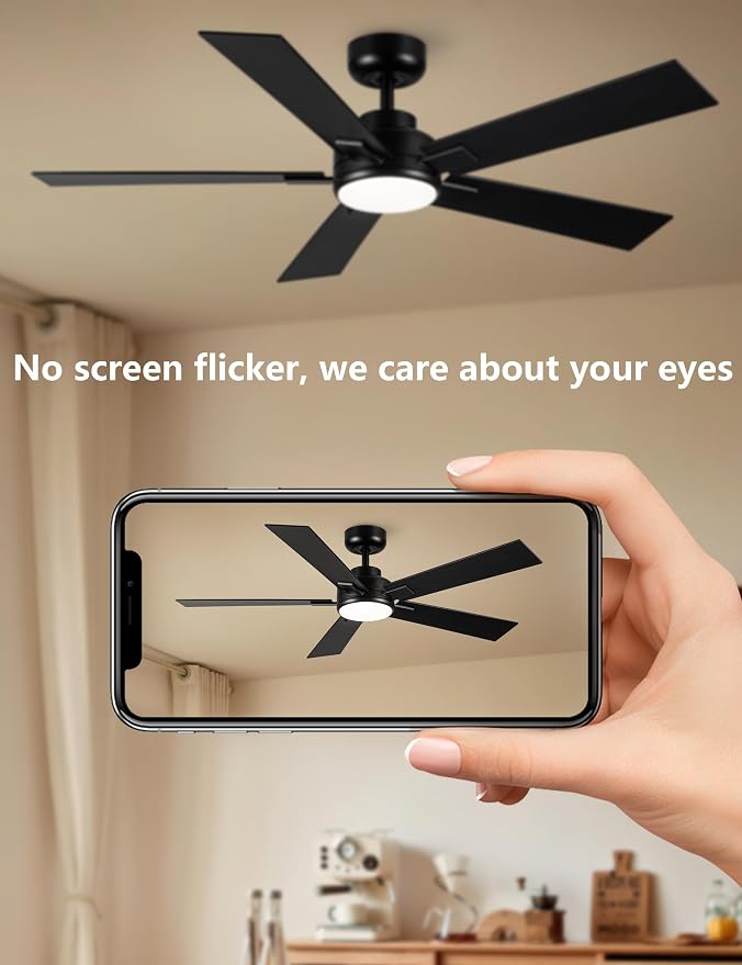 Modern Ceiling Fans with Lights - 52 inch Black Outdoor Ceiling Fan with Light and Remote, Reversible DC Motor, 6-Speed Quiet 3CCT LED Dimmable for Bedroom, Indoor and Outdoor, Patios , ETL Listed