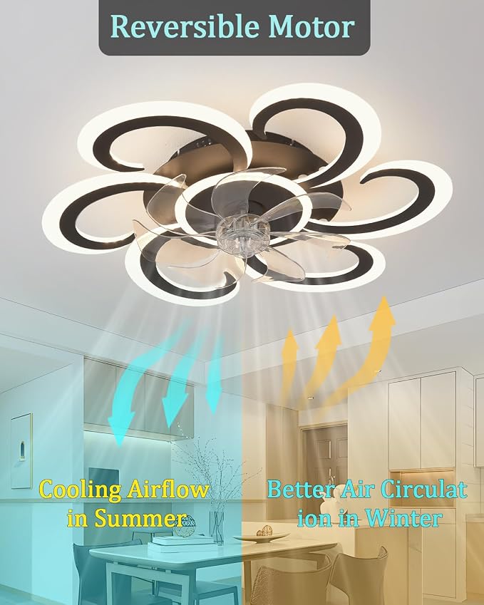 24" Black Flower Ceiling Fan with Light Remote Control, 3 Light Color 6 Speeds Flush Mount Low Profile Ceiling Fan for Bedroom Kitchen