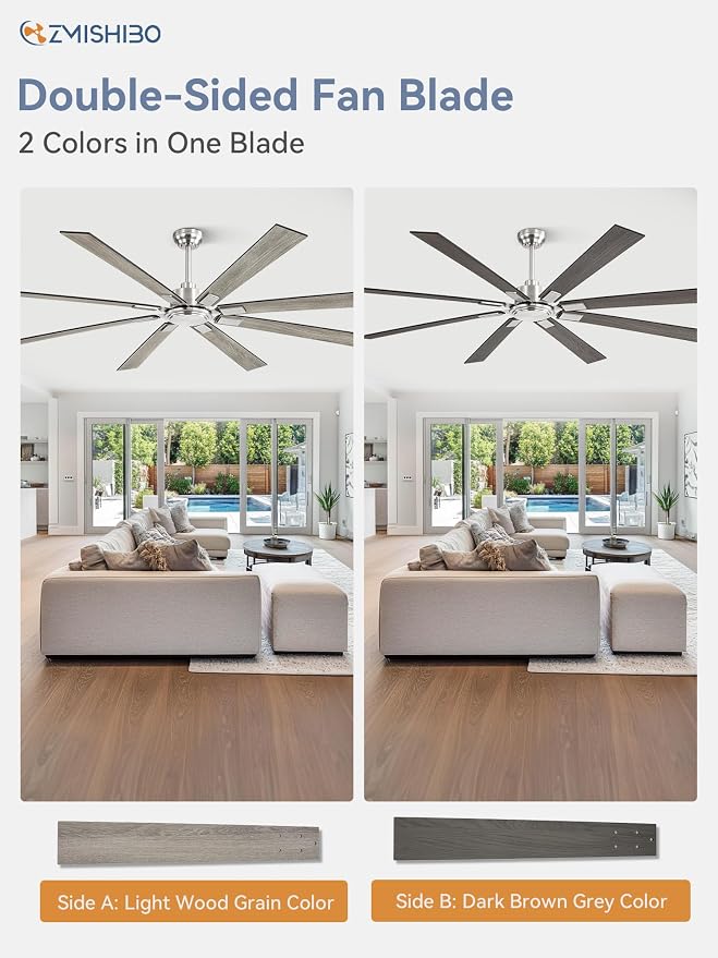 ZMISHIBO 80 Inch Ceiling Fan No Light with Remote Control, 8 Blades Quiet DC Reversible Motor, 6-Speed, Timer, Brushed Nickel Finish, Indoor Outdoor Ceiling Fans for Patios, Living Room, Garage