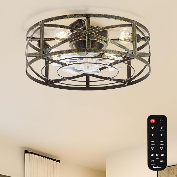 Conciseer 20 Inch Caged Ceiling Fans with Lights and Remote, Flush Mount, Low Profile 7 Blades 6 Speed Reversible Quiet DC Motor for Bedroom, Kitchen and Living Room, Black/Gold Brushed