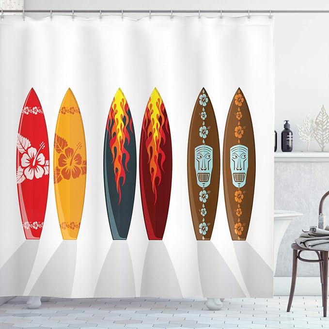 Ambesonne Surfboard Shower Curtain, Boards Hawaiian Patterns and Active Full of Life Summer Swim Composition Print, Cloth Fabric Bathroom Decor Set with Hooks, 69" W x 75" L, Burgundy Brown