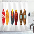 Ambesonne Surfboard Shower Curtain, Colorful Boards Tropical Hawaiian Patterns Active Full of Life Summer Swim Composition, Cloth Fabric Bathroom Decor Set with Hooks, 69" W x 70" L, Burgundy Brown