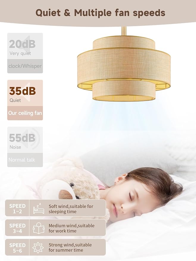 Boho Fandelier Ceiling Fan with Light Rattan Chandelier Fan Remote Gold Caged Ceiling Fan with Light for Bedroom, Living Room Nursery Foyer Kitchen（ Timing Adjustable Height）