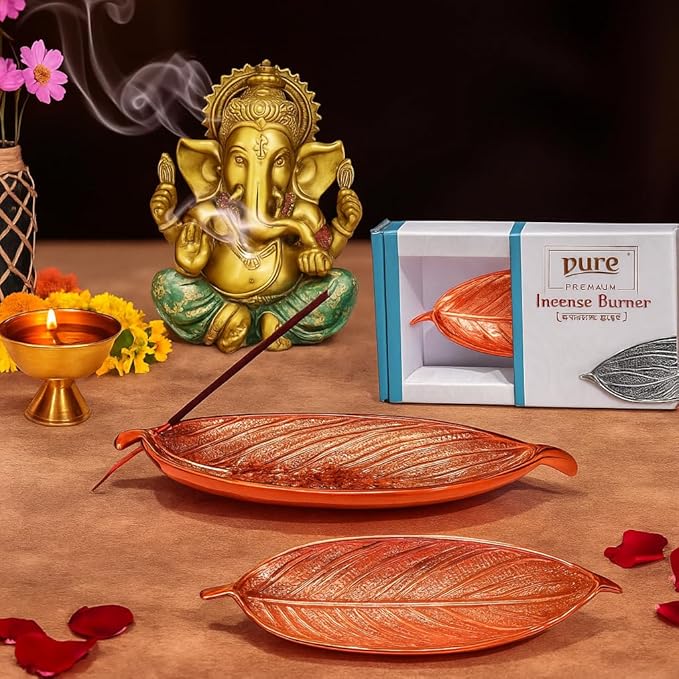 Pure Source India Aluminum Agarbatti Stand Incense Holder for Pooja, Decorative Copper Finish Ash Catcher, Long Durable Holder for Home Temple Meditation Décor (10 x 3.25 x 2 Inch)