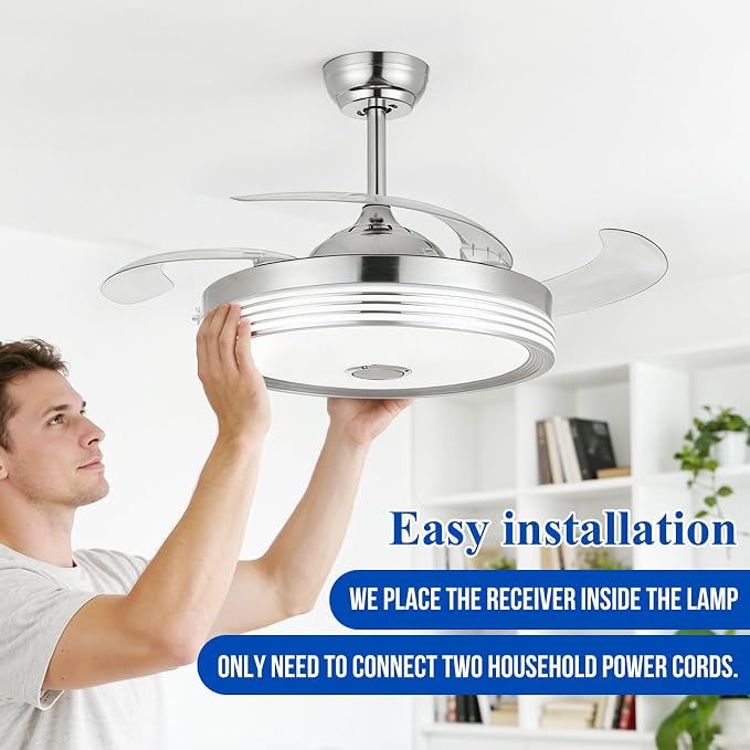 42 inch Retractable Ceiling Fan with Lights and Remote Control, 6Speed Dimmable Fandelier, RGB Modern Smart Ceiling Fan Light with Bluetooth Speaker, Reversible Bedroom