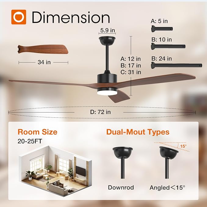 addlon 72 inch Ceiling Fans with Lights and Remote Control, Reversible, 3 Wood Blades, 6 Speeds, 3CCT Dimmable, Noiseless, Indoor/Outdoor Black Walnut Ceiling Fan for Bedroom Living Room Gazebo Patio