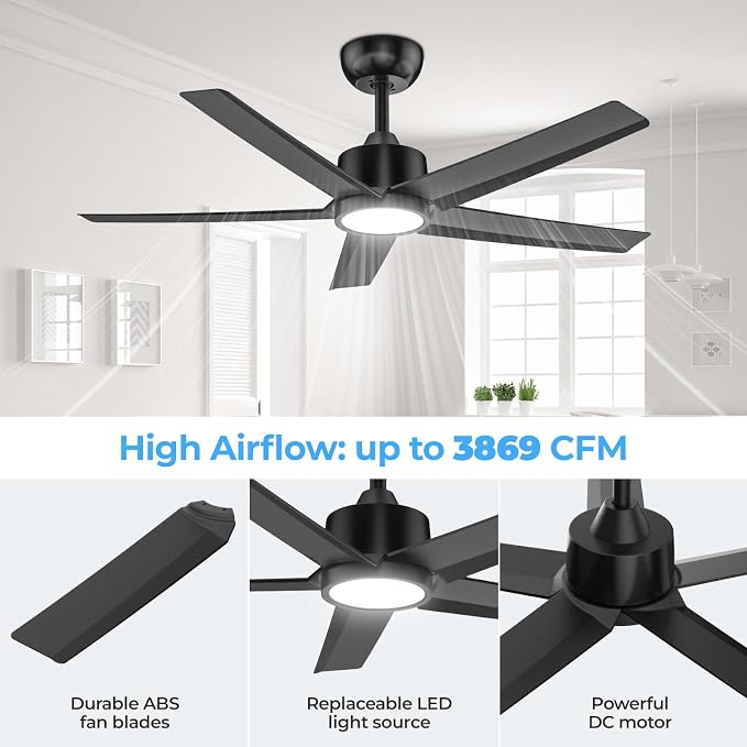 ocioc 44" Ceiling Fans with Lights, Black Ceiling Fan with LED Light and Remote, Reversible Airflow, 6 Speeds, Timer, Dimmable, Modern Ceiling Fan for Bedroom, Living Room