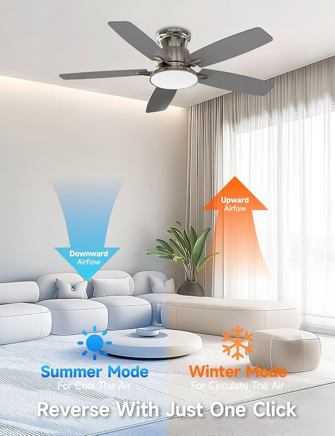 Flush Mount Ceiling Fan with Light, 42 Inch, Remote Control, 3CCT Dimmable LED, 6-Speed Silent Reversible DC Motor, Low Profile Hugger Ceiling Fan for Indoor/Outdoor 90-264V 50/60Hz Brushed Nickel