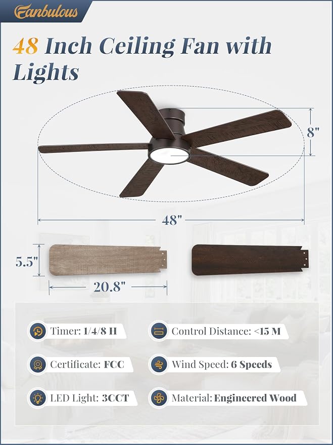 48 Inch Ceiling Fans with Lights and Remote,Outdoor Indoor Modern Flush Mount Ceiling Fan with 3CCT 6-Speed Quiet DC Motor,Small Low Profile Ceiling Fan for Bedroom Living Room Office(Oil Bronze)