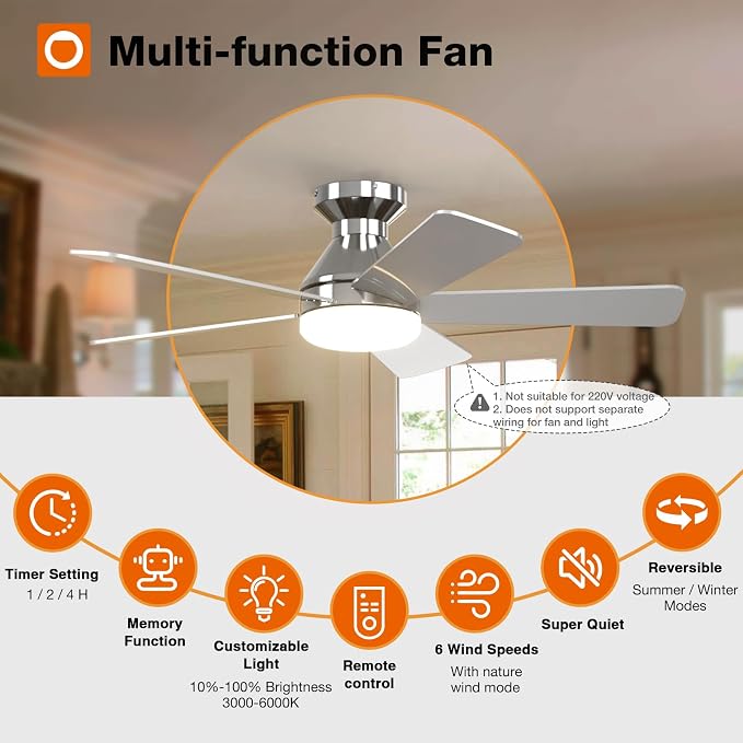 addlon Ceiling Fans with Lights, 42 Inch Low Profile Ceiling Fan with Light And Remote Control, Flush Mount, Reversible, 3CCT, Dimmable, Quiet, Nickel Small Ceiling Fan for Bedroom Indoor/Outdoor Use