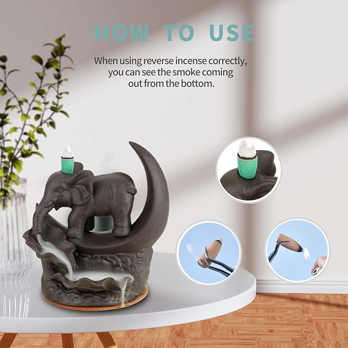 YYW Elephant Backflow Incense Burner Holder Waterfall Incense Cones Burner with 20 Incense Cones,30 Incense Stick,1 Tweezer,1 Mat Gift for Aromatherapy Ornament Home Decor (Small Size)