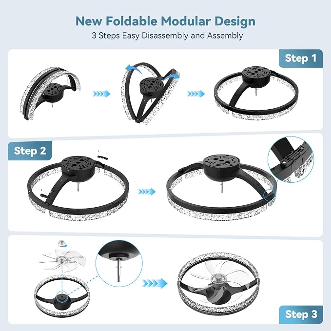 AIKVSXER Ceiling Fans with Lights and Remote, 20'' Low Profile Ceiling Fan with APP Control, 3000K-6500K Dimmable, Quiet Reversible DC, Modern Flush Mount Fandelier for Bedroom (Black-Crystal)