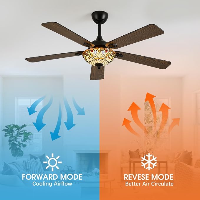52" Tiffany Style Ceiling Fans with Lights, Vintage Chandelier Ceiling Fan with Stained Glass Shade, Dimmable LED, 6 Speeds Reversible for Bedroom (Gem Art)