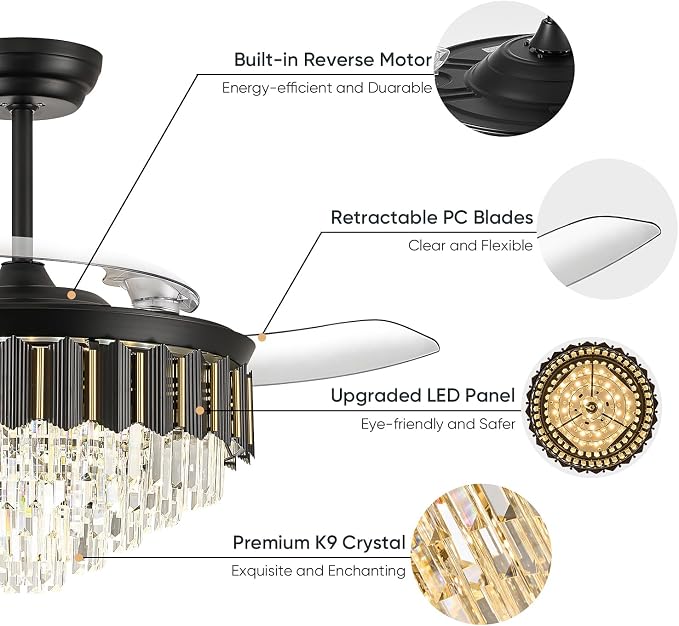 52 Inch Chandelier Ceiling Fan, Fandelier Retractable Ceiling Fan for Bedroom Living Room, 3 Color Tempeature, 6-Speed Reversible Motor, Timer & Memory Function-Black
