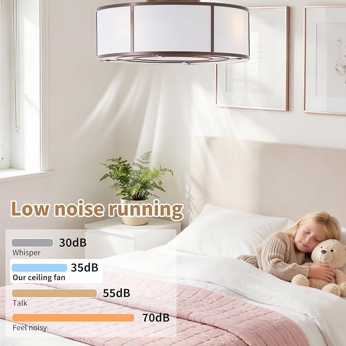 hummingbird 20inch Low Profile Caged Ceiling Fans with Lights, Flush Mount Ceiling Fan with Lights and Remote, Bladeless Modern Enclosed with 6 Speeds for Bedroom, Kitchen, Brown