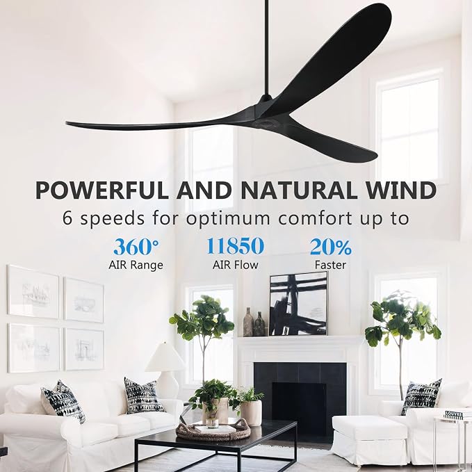 Eliora 88" Ceiling Fans without Lights, Wood Ceiling Fan no Light with Remote, Large Outdoor Ceiling Fan for Patio, Porch, Bedroom, 6 Speed, Quiet DC Motor, ETL Listed-Black