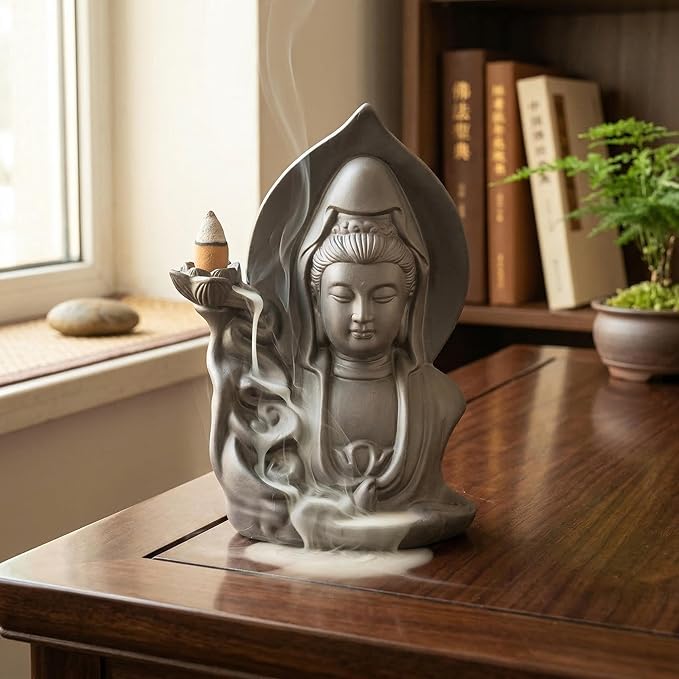 Ceramic Incense Burner, Waterfall Reflux Design, Aromatherapy Holder for Cones and Sticks, Dark Brown。 (LGY)
