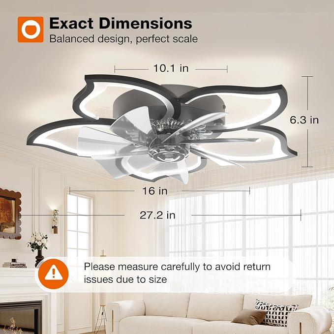 addlon Ceiling Fans with Lights and Remote, 27'' Low Profile Flush Mount Ceiling Fan, 3000–6000K Dimmable LED Fandelier, Flower Fan Light for Bedroom, Kitchen, Living Room, Black